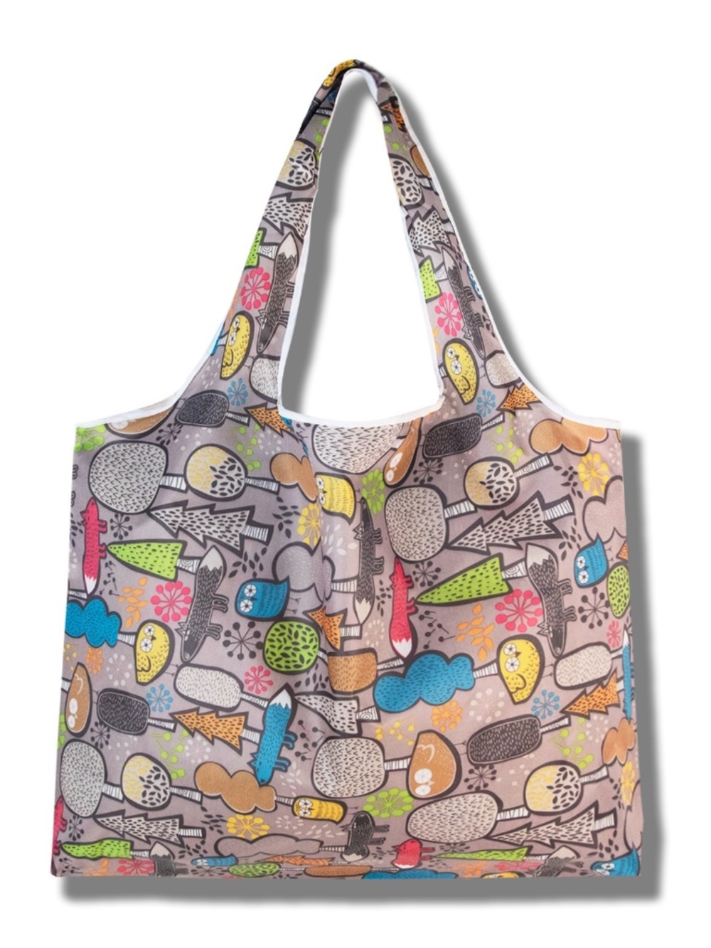 Colorful Woodland Animal & Tree Print Reusable Foldable Grocery Tote Bag